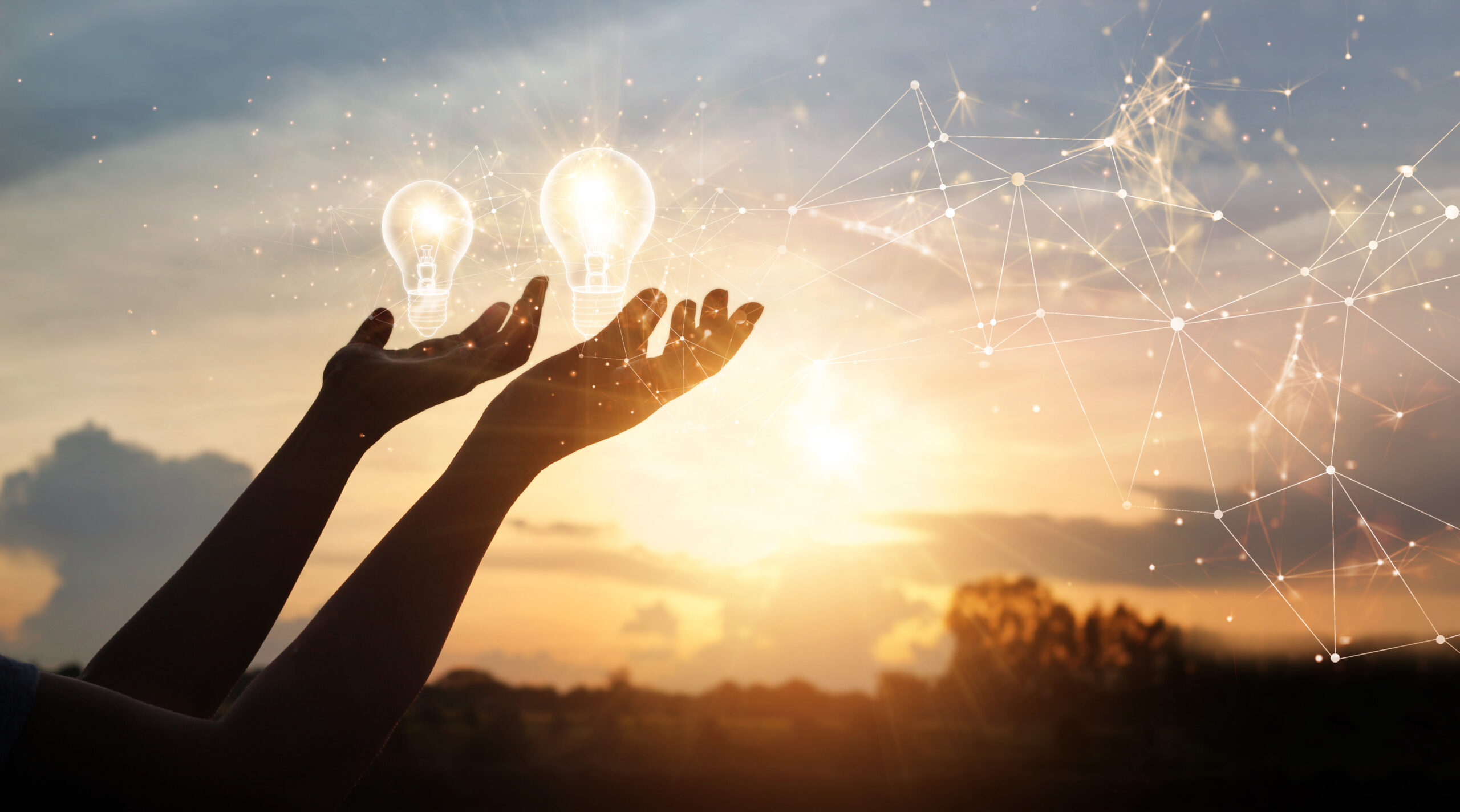 Innovative idea. Inspiration and network. Hands holding light bulbs as symbol of innovation on global network connection. Creativity on  connectivity.