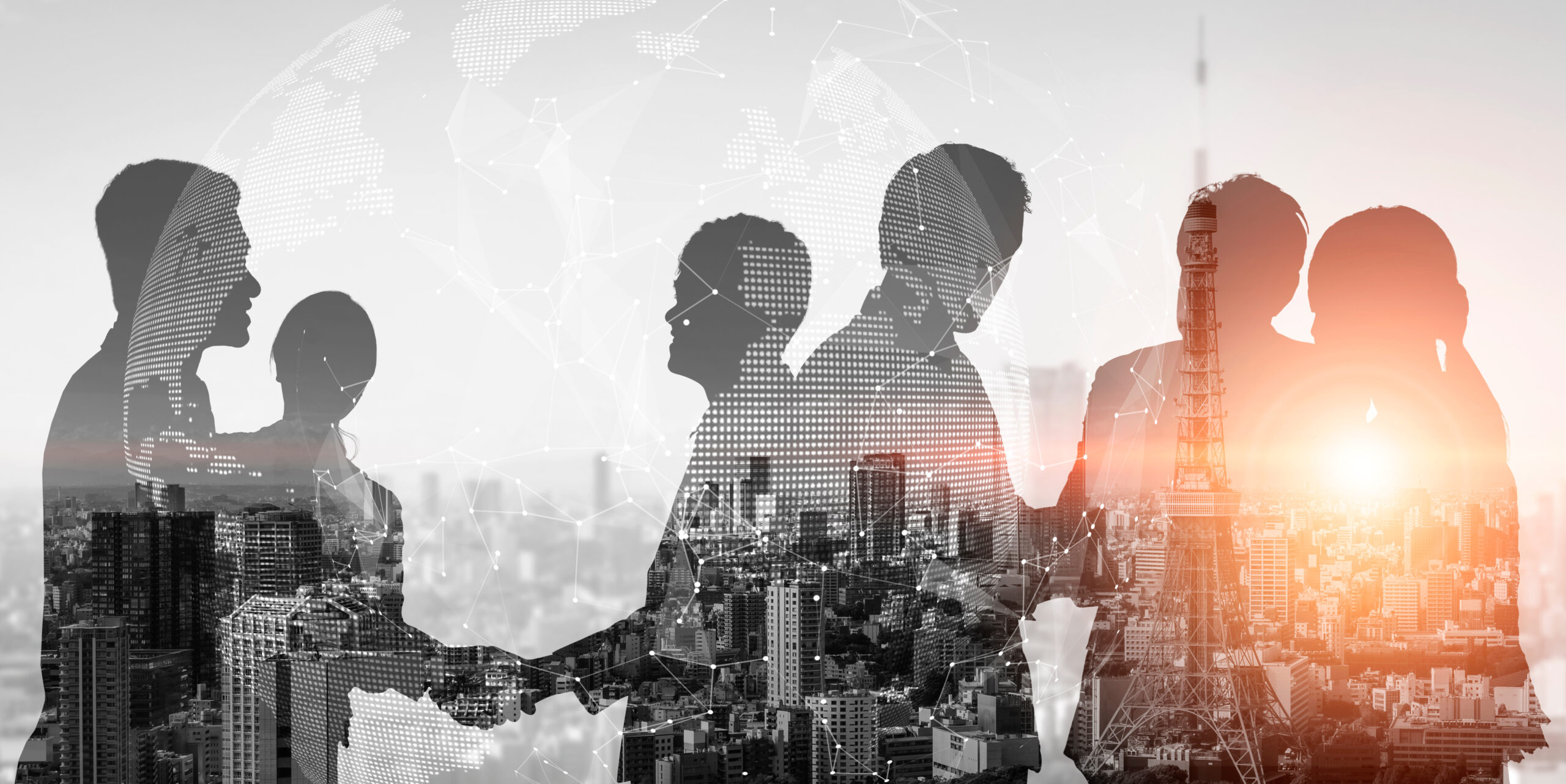 Silhouette view of business people team in group meeting on city office building background showing partnership success of business deal. Concept of teamwork, trust and agreement.
